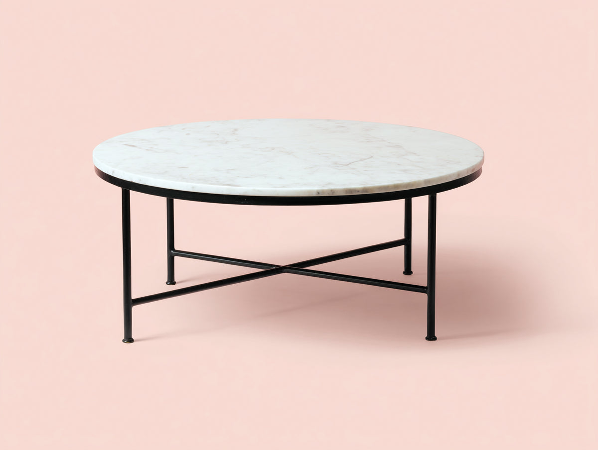Mesa de centro redonda Ø88×43 cm mármol blanco y metal negro - estructura cruzada
