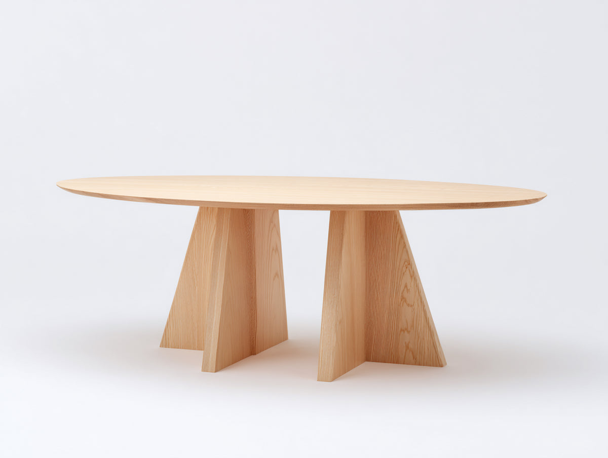 Mesa de centro ovalada de madera 150×75×43 cm - madera clara - doble pedestal escultórico