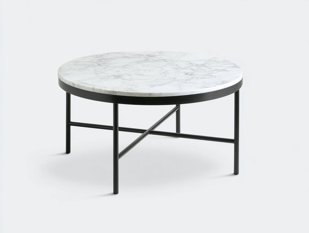 Mesa de centro circular con tablero efecto piedra 85×85×42 cm - blanco gris/negro - base metálica cruzada