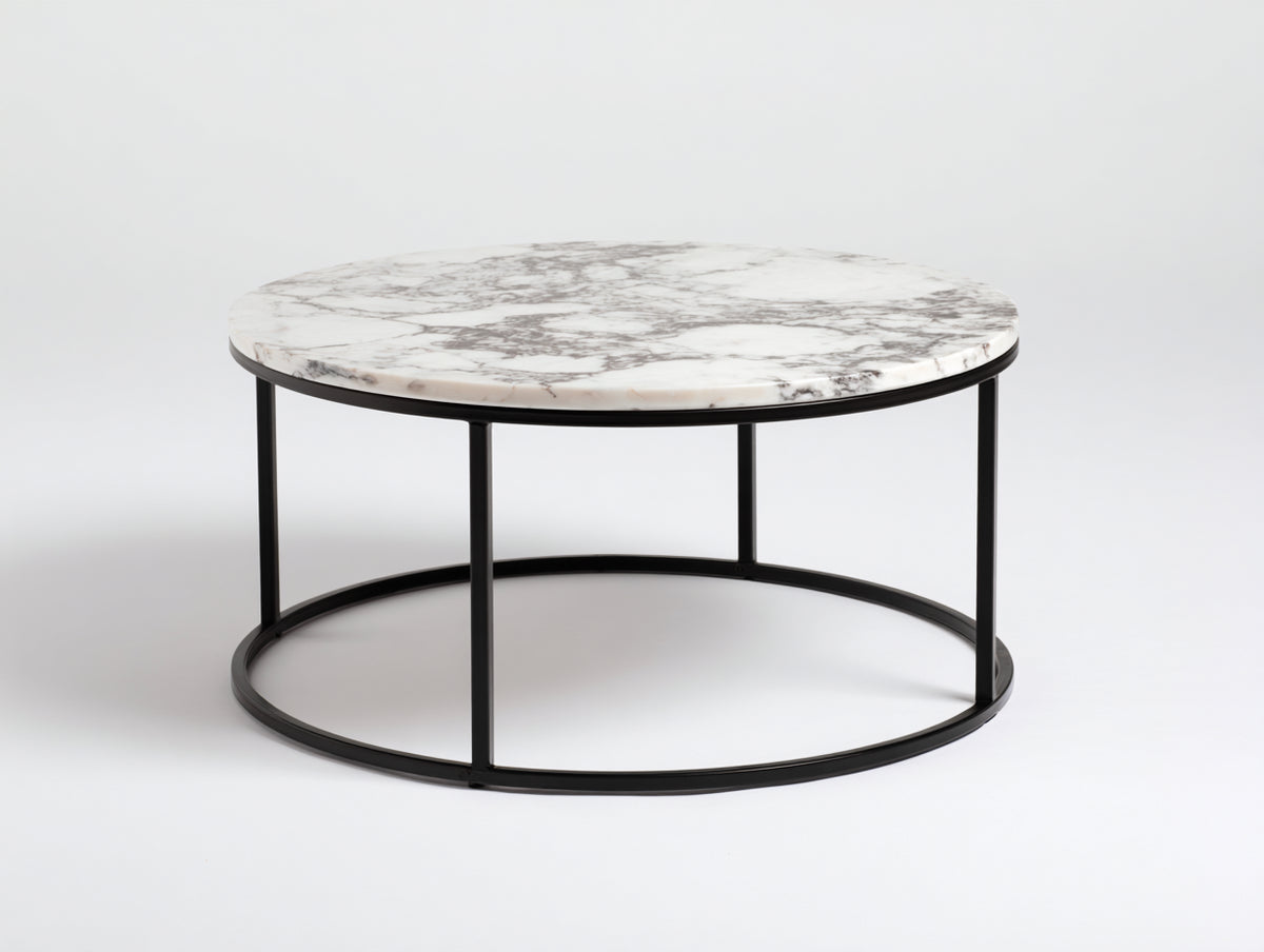 Mesa de centro redonda Ø90×45 cm mármol blanco y metal negro - base circular moderna