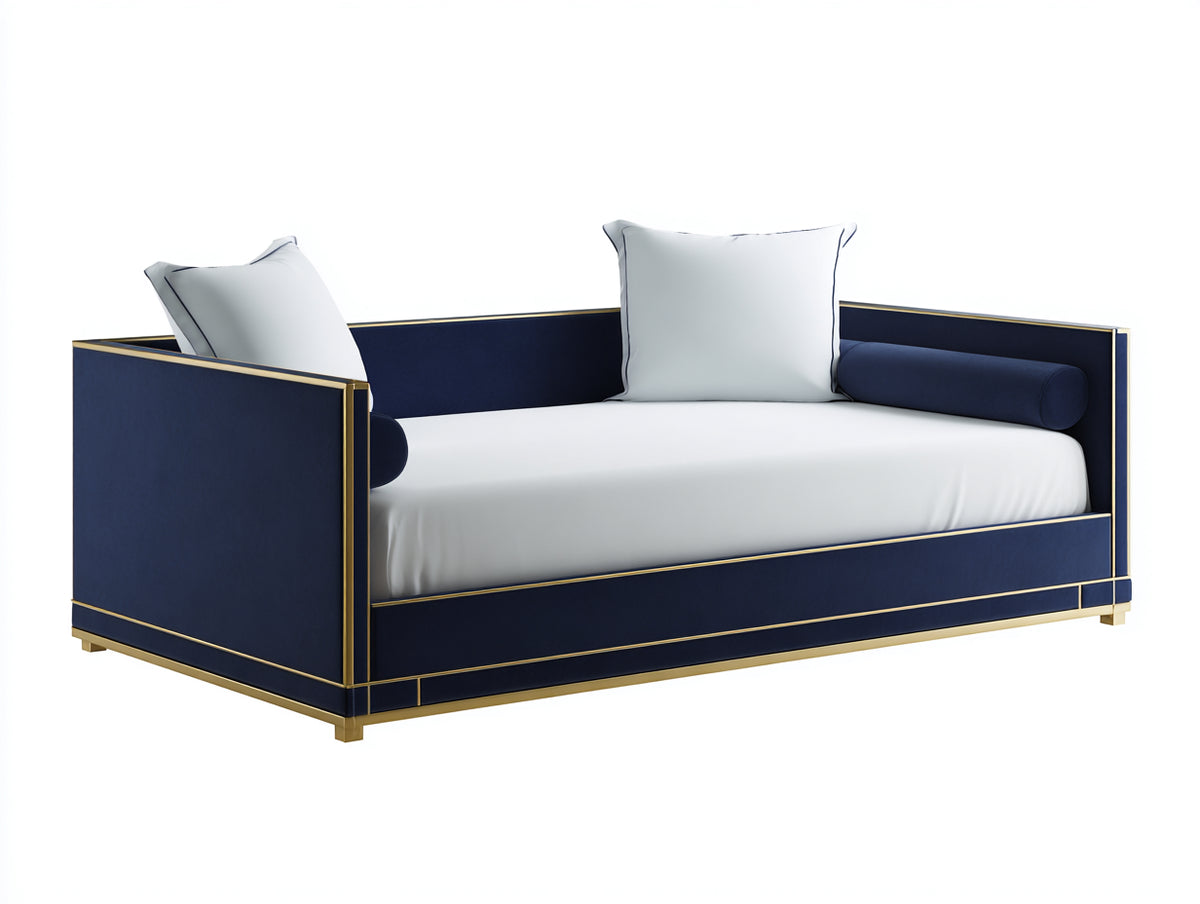 Sofá cama tapizado en terciopelo 215×102×86 cm - azul marino/blanco/dorado - estilo elegante para dormitorio