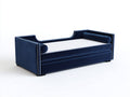 Sofá cama tipo diván tapizado en terciopelo 210×100×88 cm - azul marino/blanco - diseño envolvente para dormitorio
