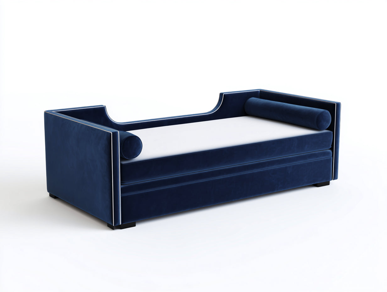 Sofá cama tipo diván tapizado en terciopelo 210×100×88 cm - azul marino/blanco - diseño envolvente para dormitorio