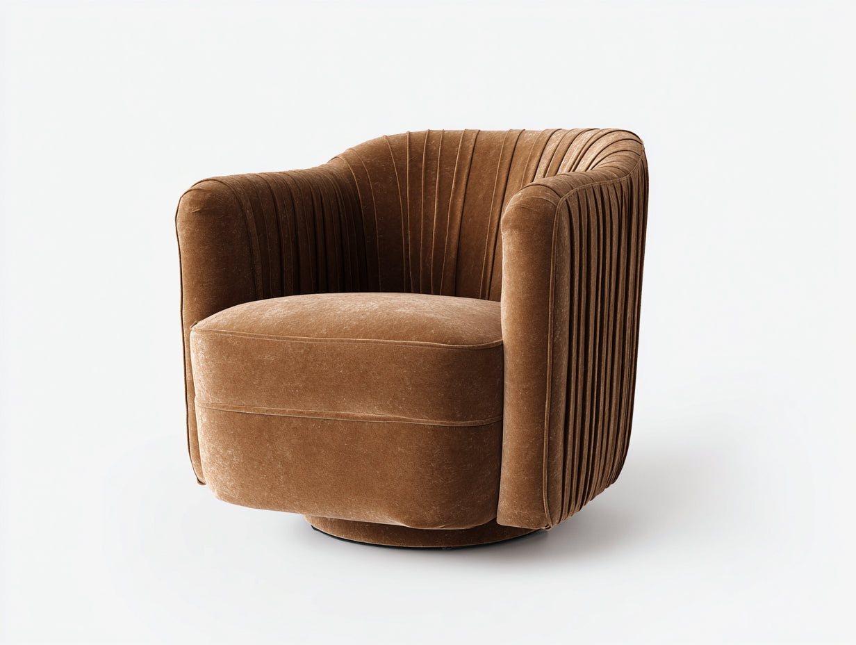Sillón giratorio tapizado en terciopelo 82×78×76 cm - marrón caramelo - respaldo plisado para dormitorio