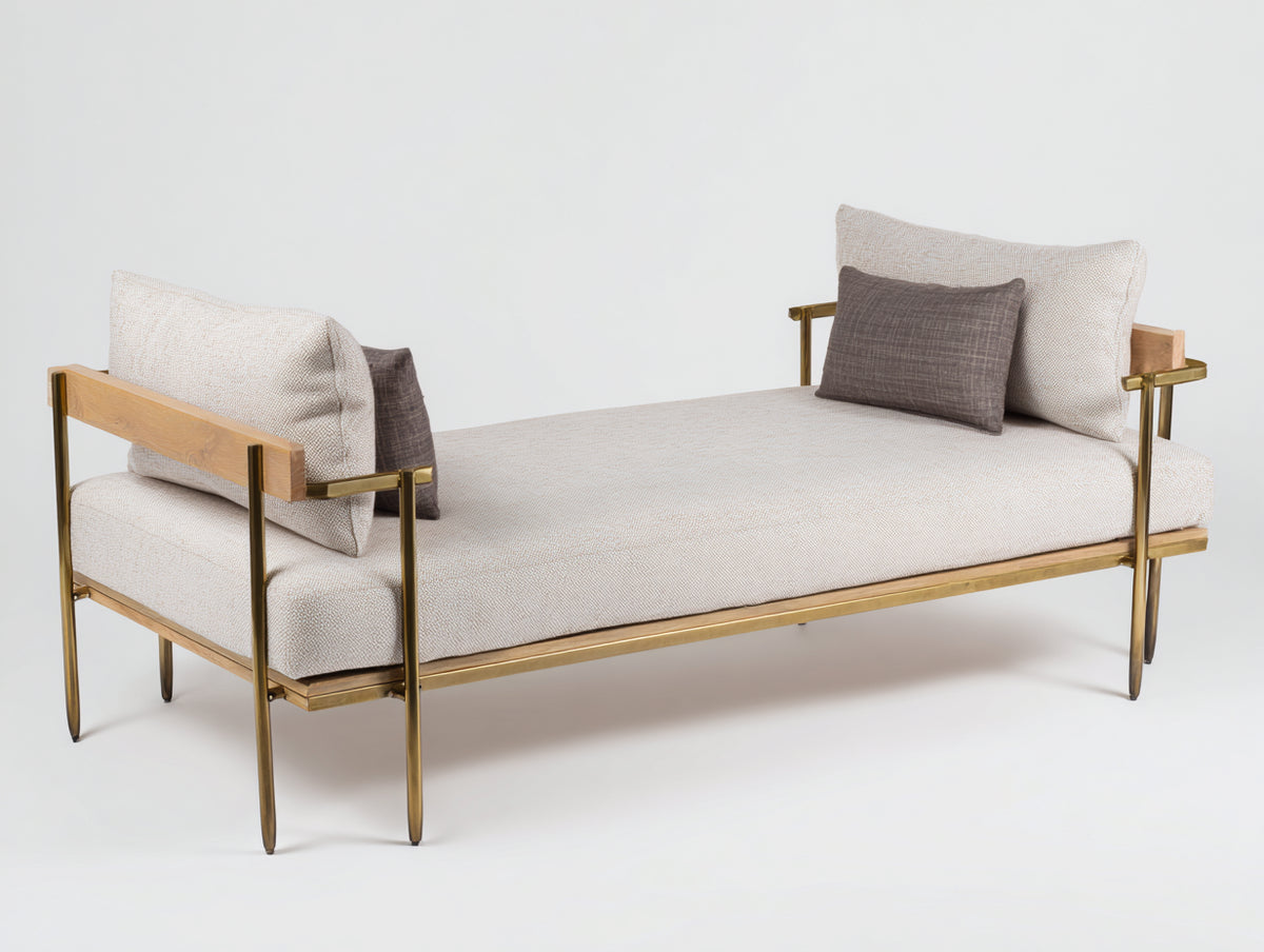 Sofá cama de tejido y metal 195×85×78 cm - beige/dorado - diván elevado para dormitorio