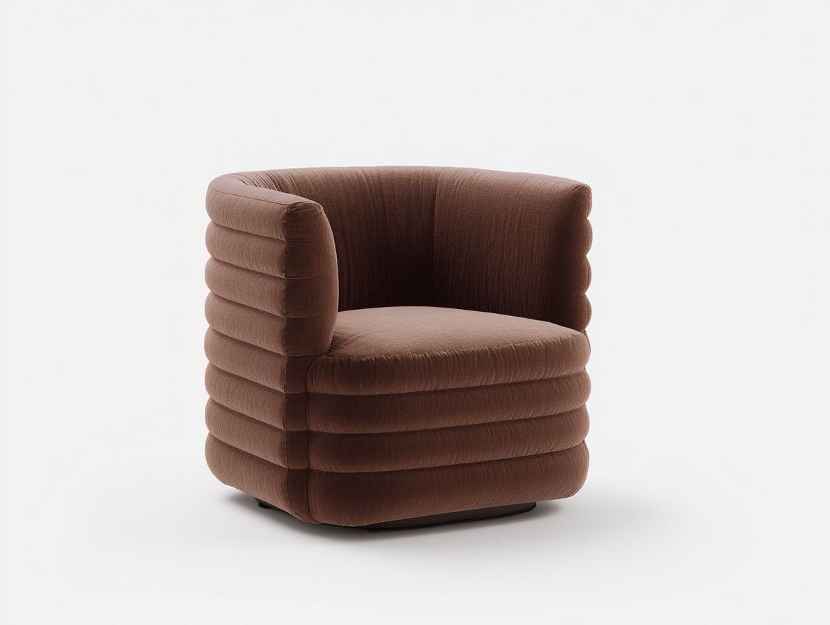 Sillón giratorio tapizado 80×78×76 cm – marrón cacao – diseño acolchado horizontal para dormitorio