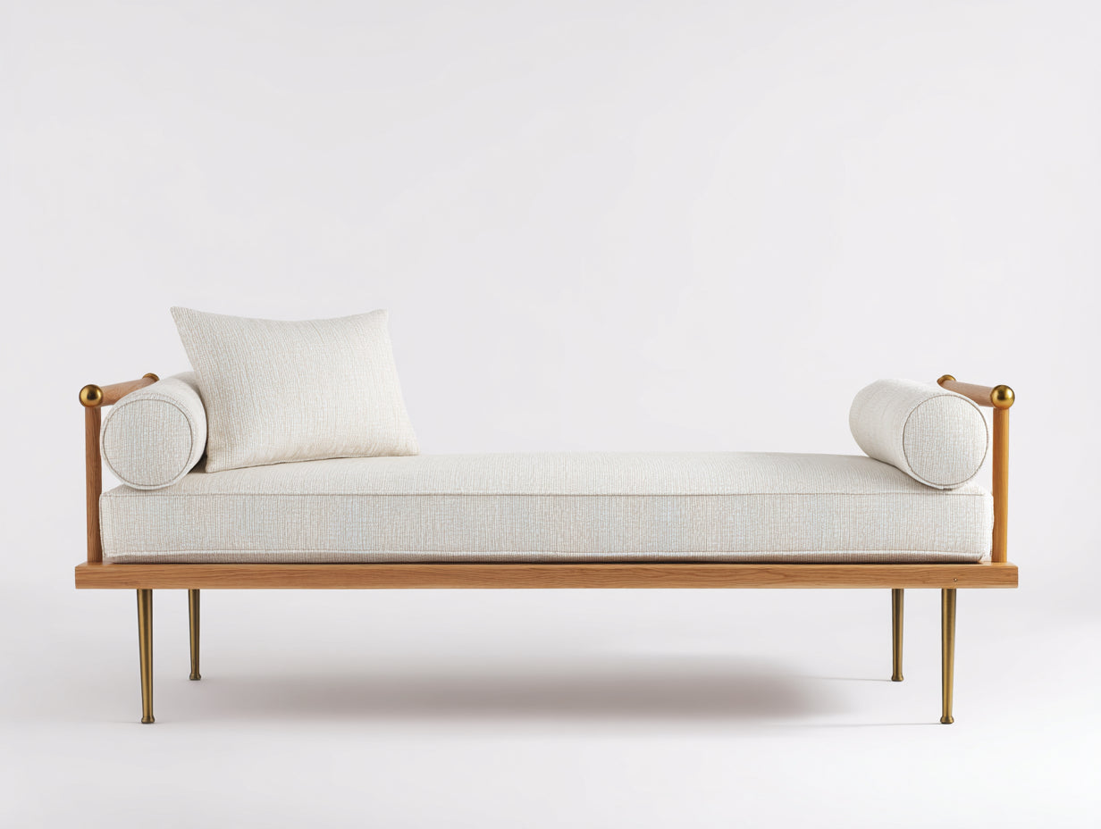 Sofá cama tipo diván tapizado en tela 192×82×78 cm - beige/madera natural/dorado - diseño abierto para dormitorio